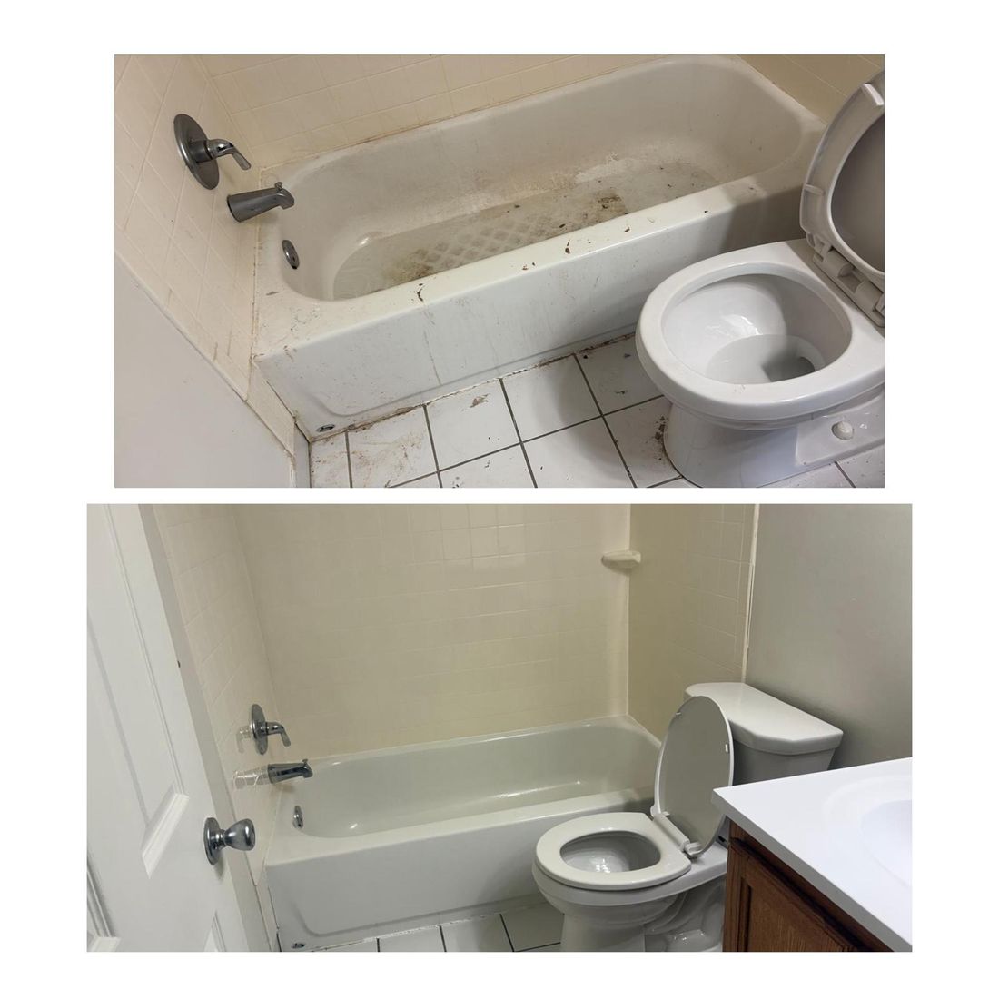 Bathroom tub and floor before and after a deep clean